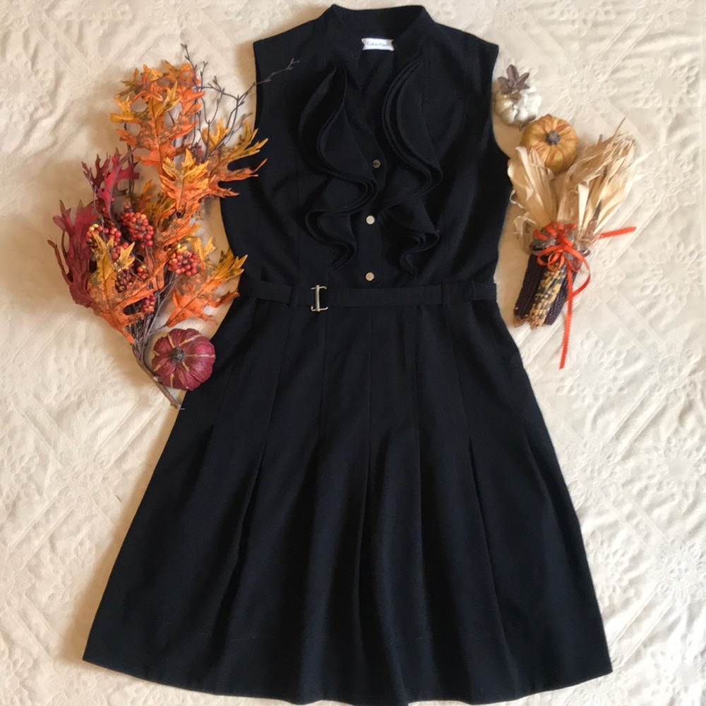 Calvin Klein Black Fit & Flare Belted Career Dress